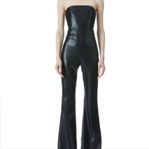 Alice + Olivia Faux Leather Strapless Flare Jumpsuit black sz 4 new/tags